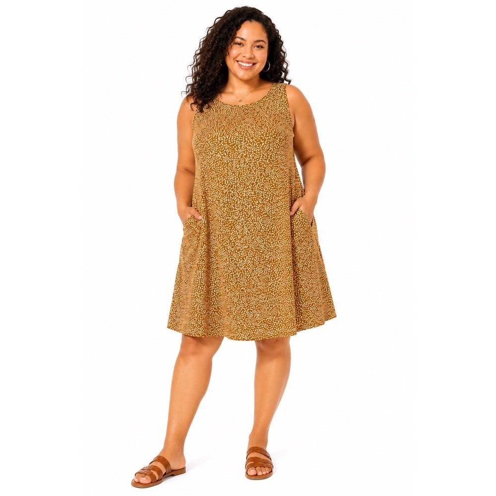 AVA & VIV 2X Mustard Leaf Print Linen Blend‎ Sleeveless Shift Dress Plus Size